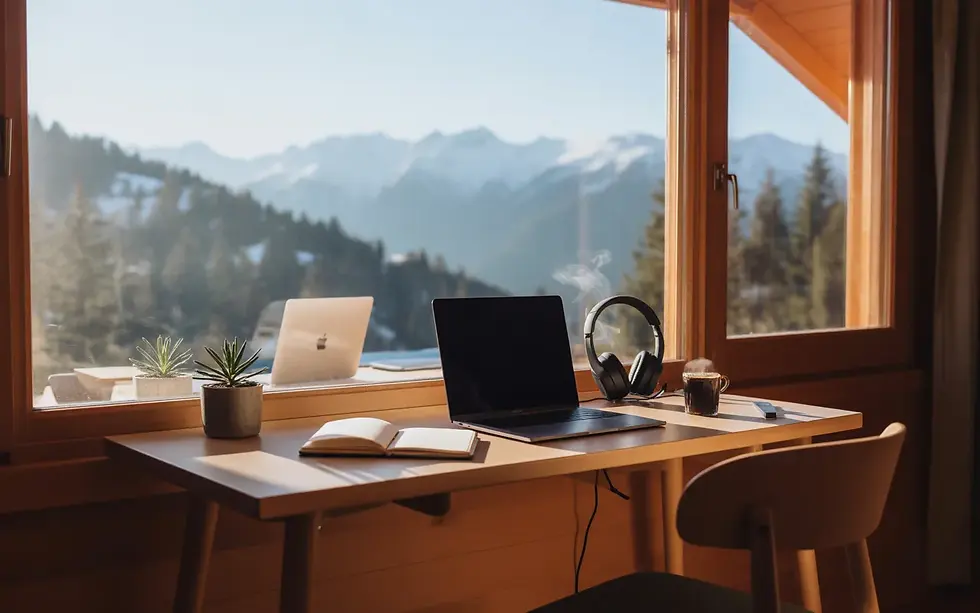 Vignette photo‑réaliste 16:9 de télétravail en chalet haut de gamme aux Angles (Pyrénées) : bureau minimaliste avec ordinateur portable, carnet, café et plante devant une baie vitrée panoramique sur montagnes enneigées et forêt de sapins, lumière douce du matin, style travel lifestyle — 5 ÉTOILES CONCIERGERIE