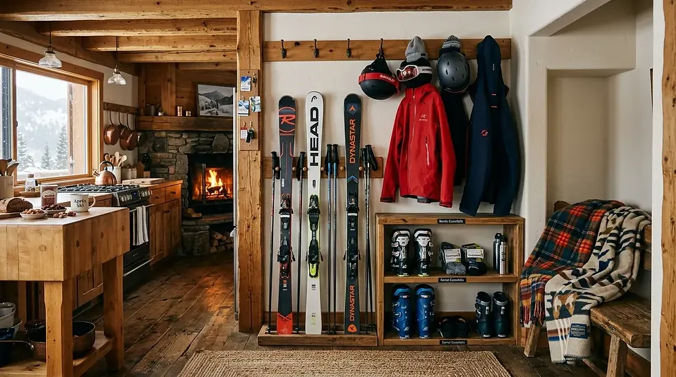 Cuisine de chalet cosy avec skis, couvertures chaudes et essentiels de location rangés.