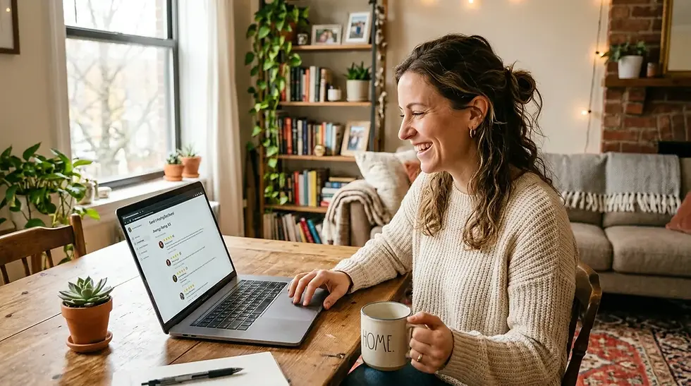 Hôte souriant consultant les notes étoiles sur un ordinateur portable dans un salon lumineux.