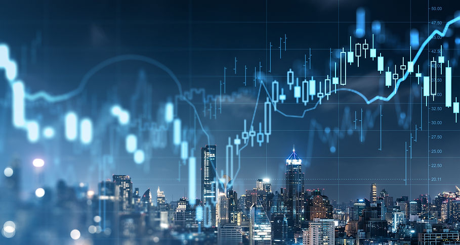 Bangkok night cityscape and forex stock market hologram, candlesticks dynamics and statist
