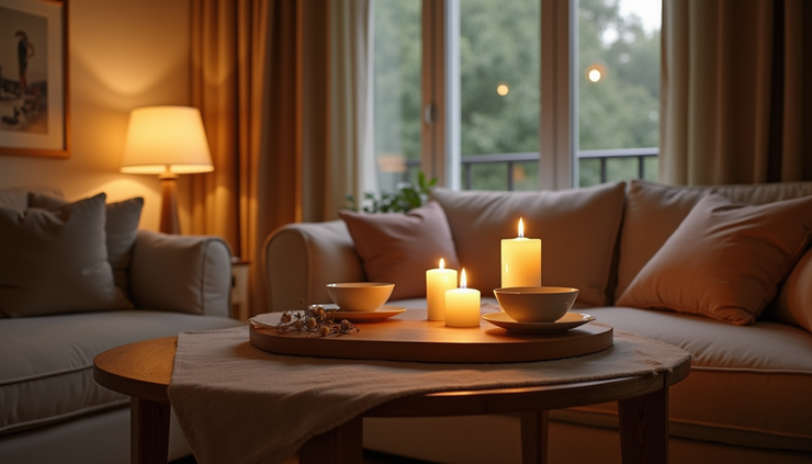 Eye-level view of a cozy living room with soft lighting and a couple’s dinner setup on a small table