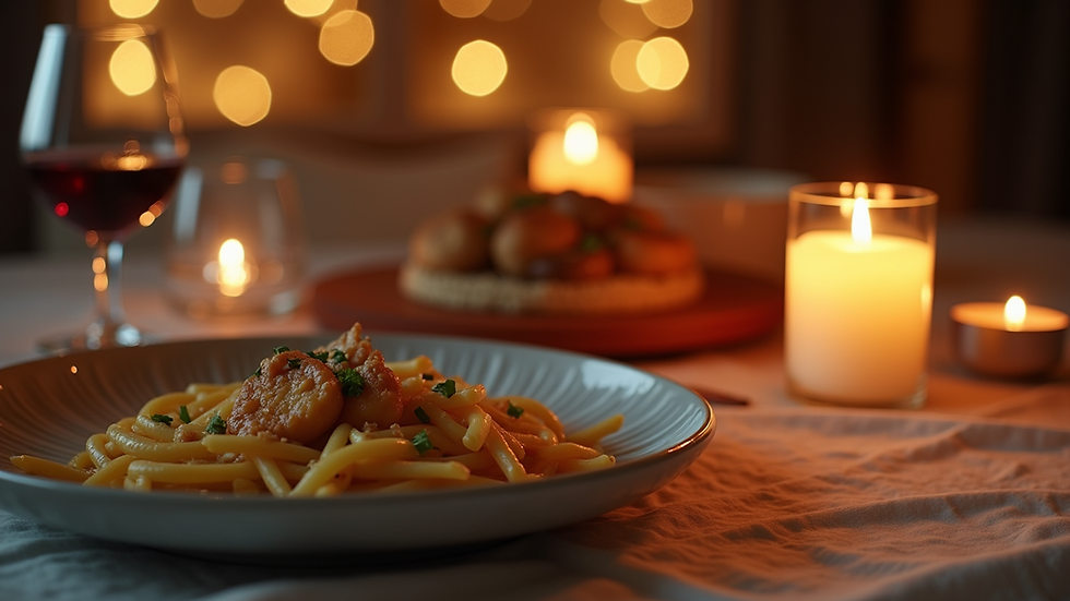 Eye-level view of a cozy date night setup with candles and a homemade meal kit