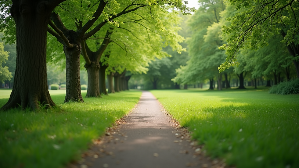 Eye-level view of a lush green park with a winding path