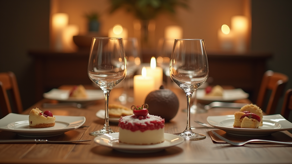 Eye-level view of a beautifully set dining table with desserts and candles