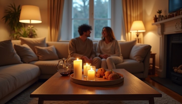 Eye-level view of a cozy living room with soft lighting and candles on a coffee table