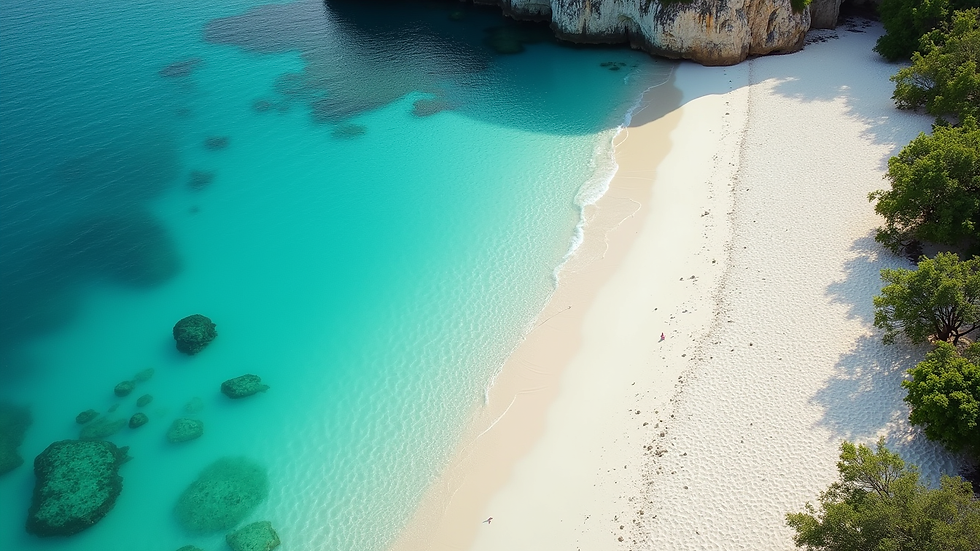 High angle view of a private beach with turquoise water and white sand