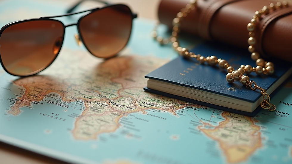 Close-up view of luxury travel essentials including passport, sunglasses, and map
