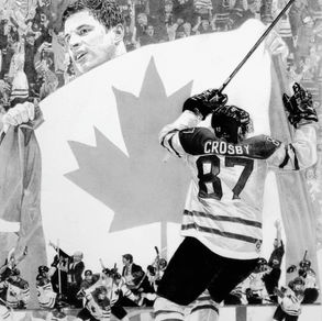 Artwork of Sidney Crosby. scoring the Golden Goal, in the 2010 Winter Olympics. Created by artist Robb Scott.