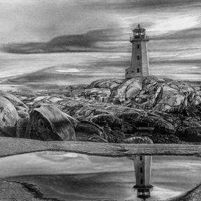 This is an original pencil drawing of Peggy's Cove. Located in Nova Scotia. A lighthouse sits atop a mass of rocks. The sky is grey and the sun is setting. A reflection of Peggy's Cove is captured in a puddle in the foreground of the image. This original artwork was created by artist Robb Scott.