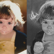 Pencil drawing of a little girl eating ice cream looking up at the camera. Ice cream is on her lips.