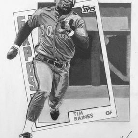 Original Art of Montreal Expos star Tim Raines. Raines is jumping out of a baseball card in a cool 3D effect.