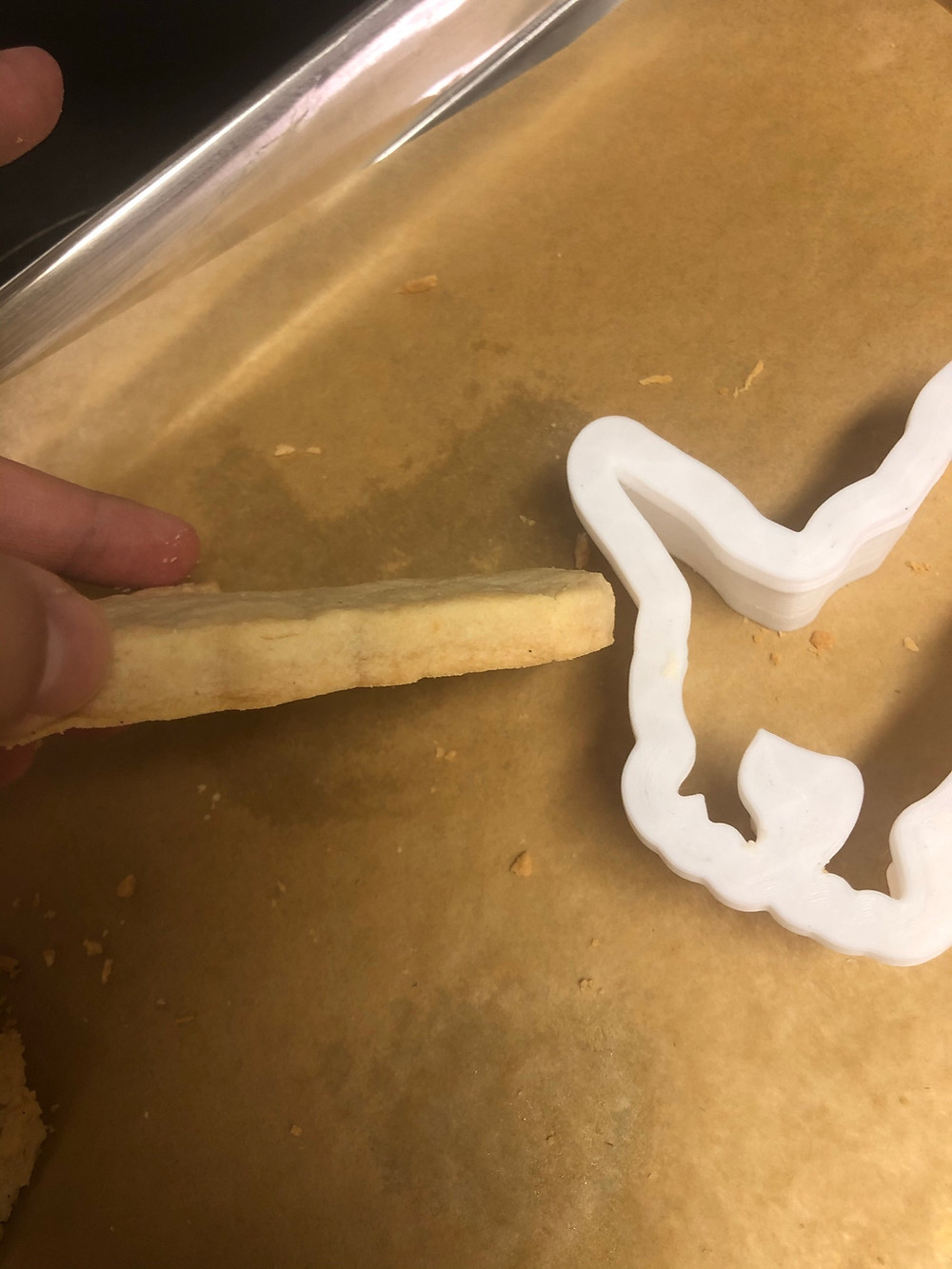 Edge of a baked sugar cookie using the 3D printed dino cookie cutter