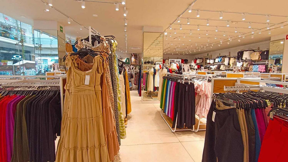The image shows the interior of the Shasa clothing store. It is a spacious, well-lit area with a strikingly modern, minimalist design.