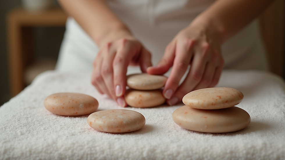 Eye-level view of a massage therapist preparing hot Himalayan salt stones