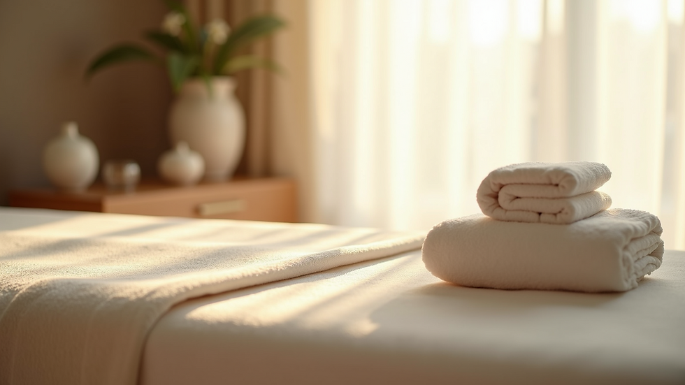 Close-up view of a massage table with soft linens in a peaceful room