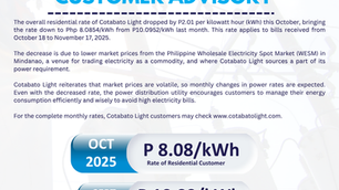 Electricity rates drop for Cotabato Light customers this October 2025 billing period.