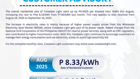Cotabato Light Announces an increase in electricity rates for the billing month of August 2025
