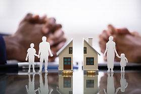 Divided house, family, and hands symbolizing divorce
