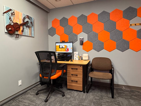 Office with desk, visitor chair, and hexagonal wall panels