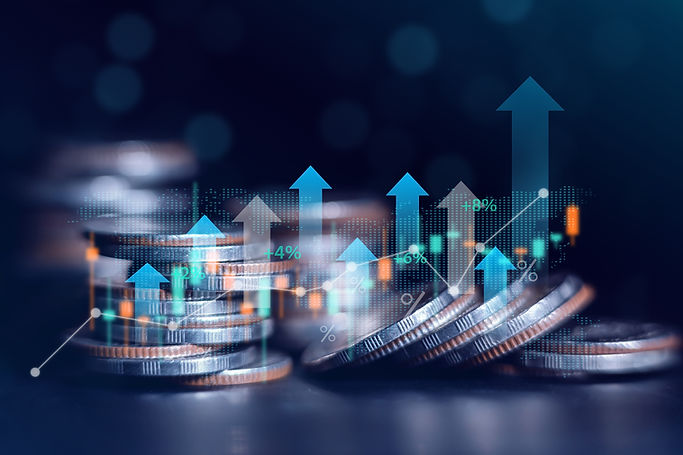 Coins with upward arrows showing financial growth