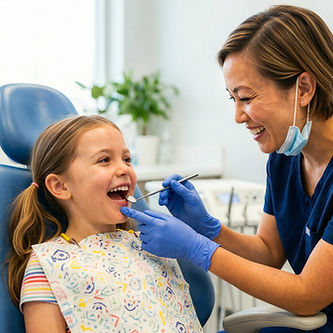 Female dentist examining a young girl's teeth