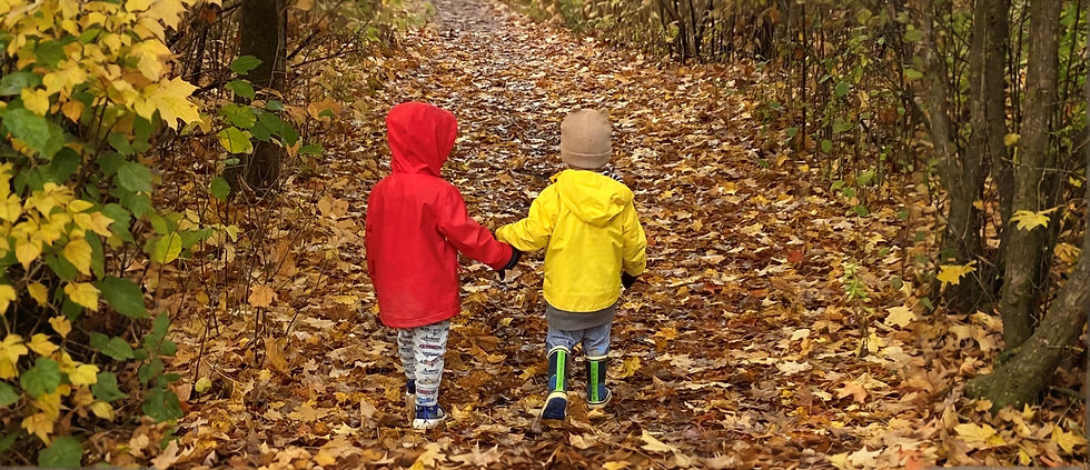 children on field with leaves holding hands