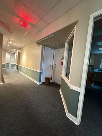 Commercial painting in an office hallway with white trim