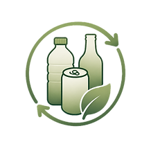 Green recycling icon with plastic bottle, can, and leaf.