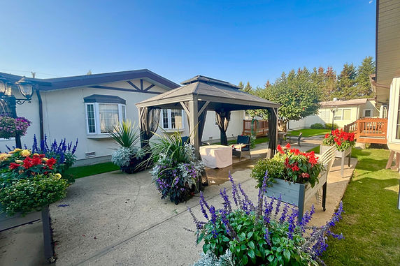 Outdoor patio with gazebo and flower planters