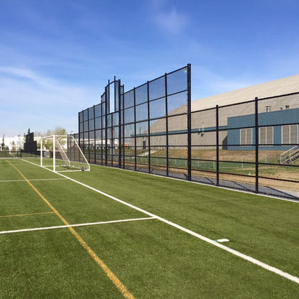 Soccer field with green grass and black fence in the daytime