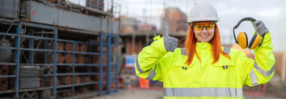 Worker in safety gear holding hearing protection earmuffs