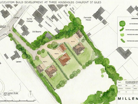 Site layout plan showing a proposed development of three detached homes with private gardens, landscaping, parking and a new access road.