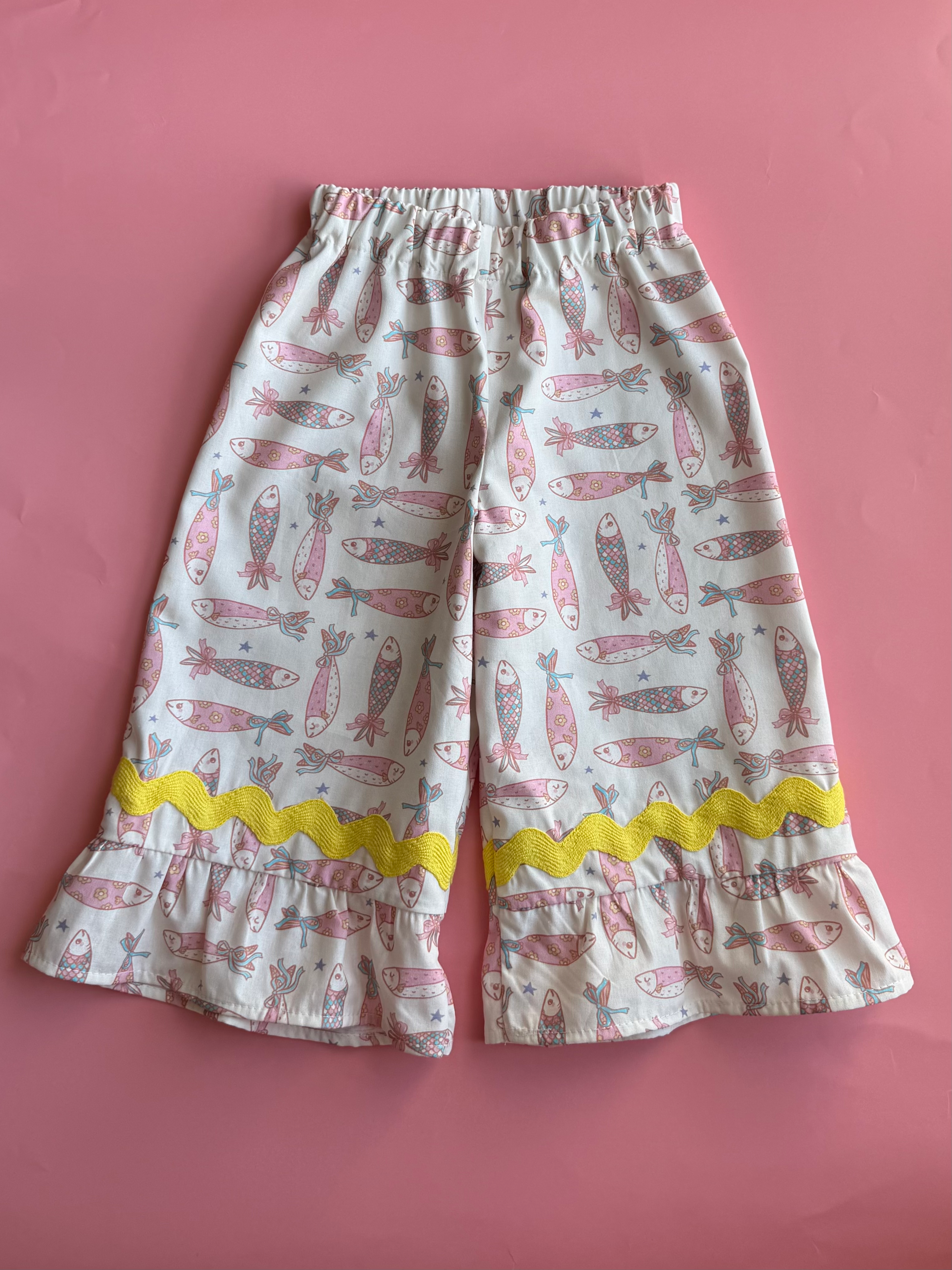 Aurora Trousers White Pink Fish Pattern with Yellow Jumbo Ric Rac
