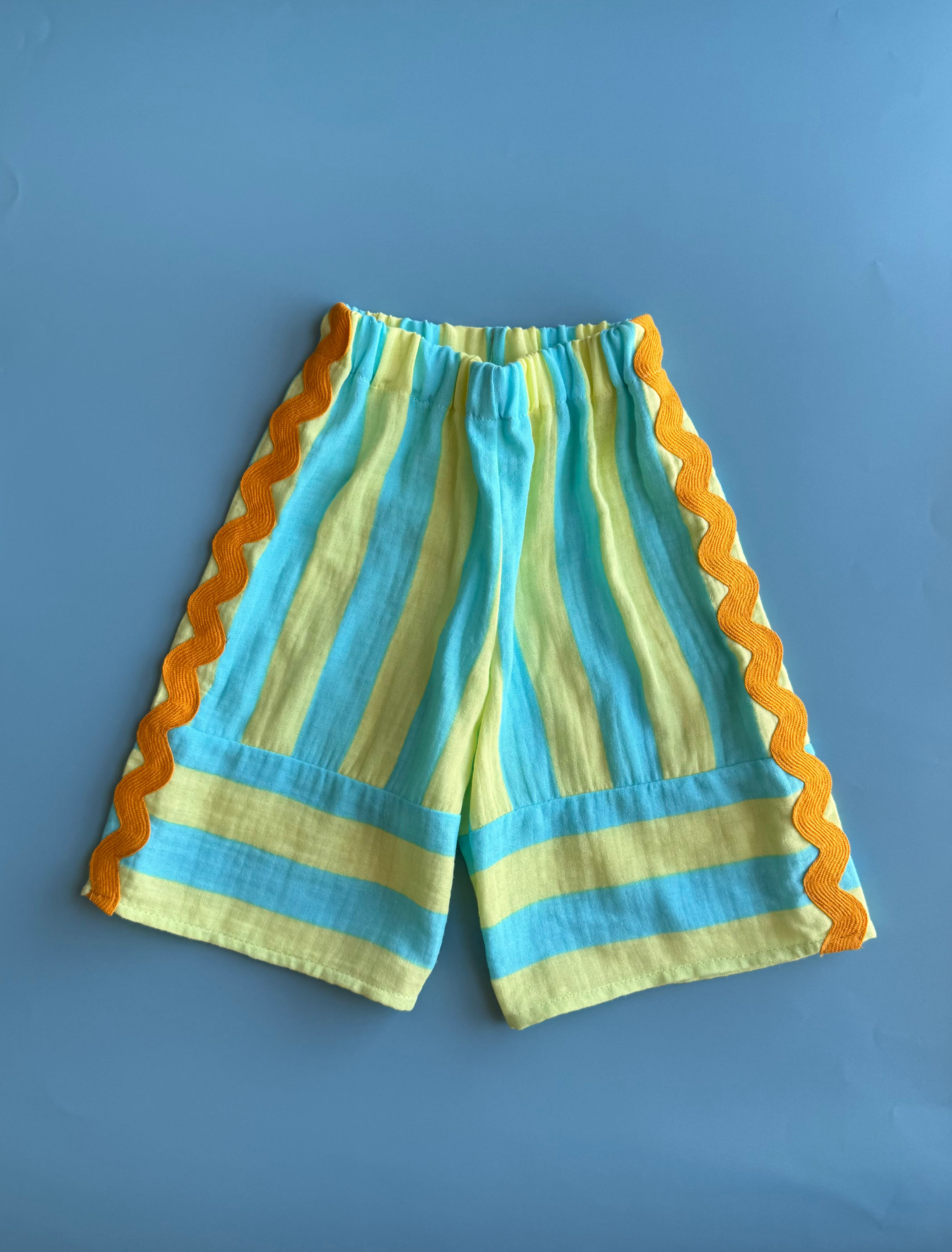 Rowan Trousers Yellow and Blue Stripes with Orange Ric Rac