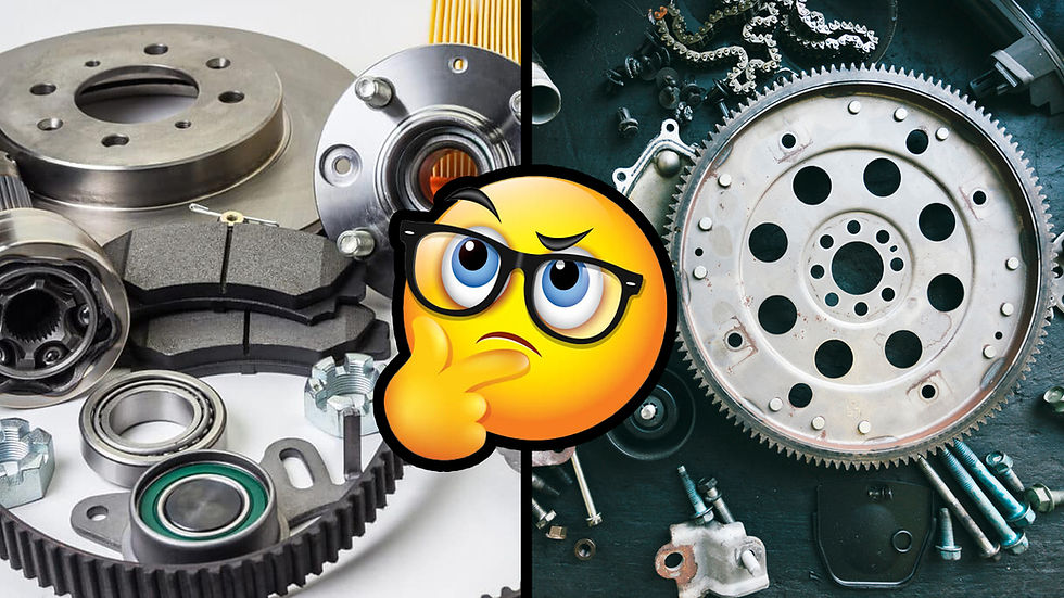 A side-by-side comparison of OEM and aftermarket hydraulic parts, with a thinking emoji representing the decision-making process.