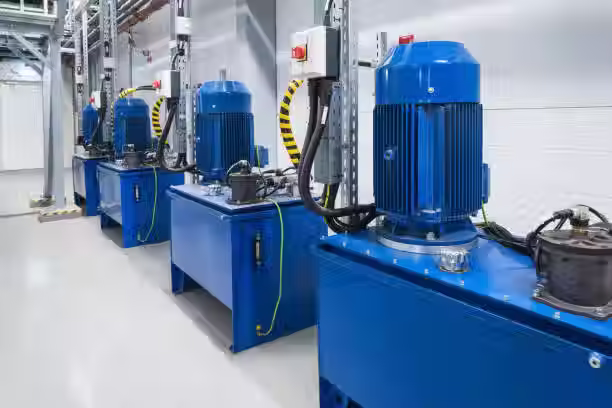 A row of blue hydraulic power units in an industrial facility, designed to deliver consistent pressure for machinery operation.