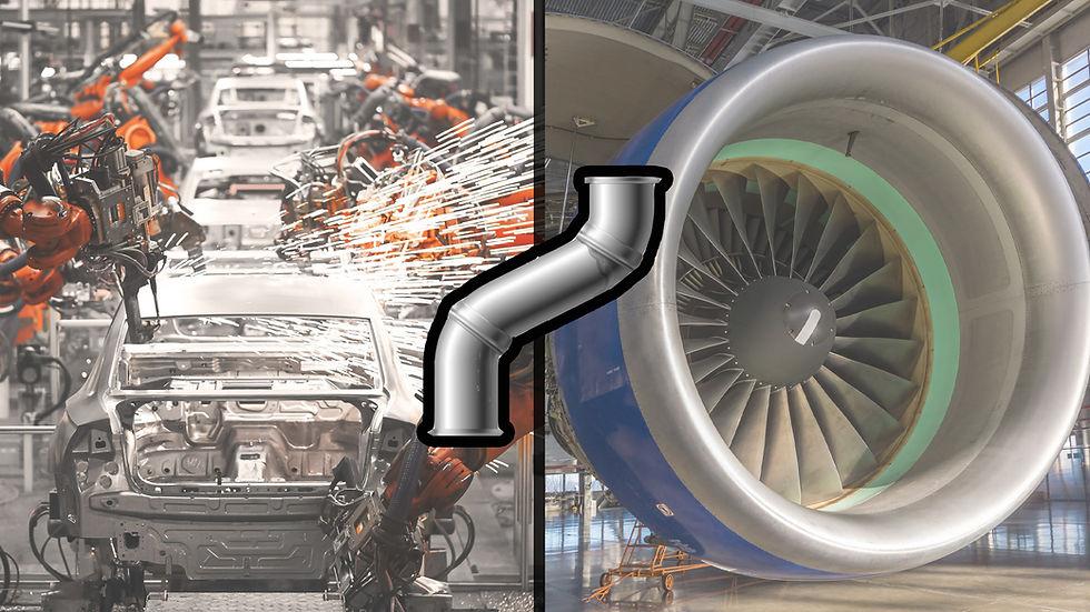 A split-image comparison of an automotive assembly line with robotic welders and a close-up of an aircraft turbine, with a bent pipe icon in the center.
