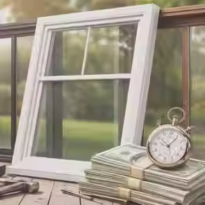 Different types of replacement windows next to cash, representing value, cost, and choosing the best windows for the money.