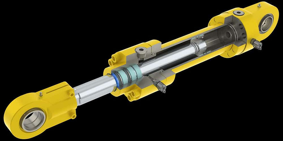 A 3D cutaway illustration of a hydraulic cylinder, showcasing its internal components, including the piston, seals, and barrel.