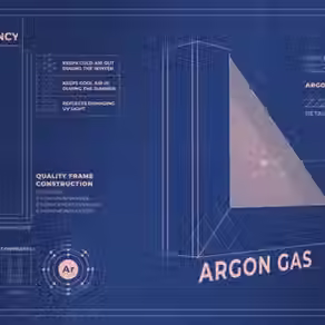 Blueprint diagram showing how insulated windows use argon gas and multi-layer glass for energy efficiency and temperature control.