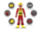 Illustration of a worker in full personal protective equipment, including gloves, helmet, safety boots, dust mask, eyewear, and ear muffs.