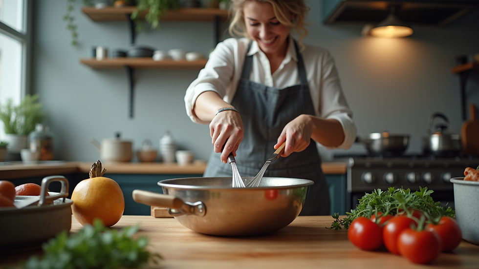 Eye-level view of a person learning to cook in a kitchen
