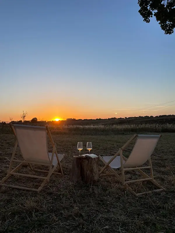 Due poltrone al tramonto e due bicchieri di vino