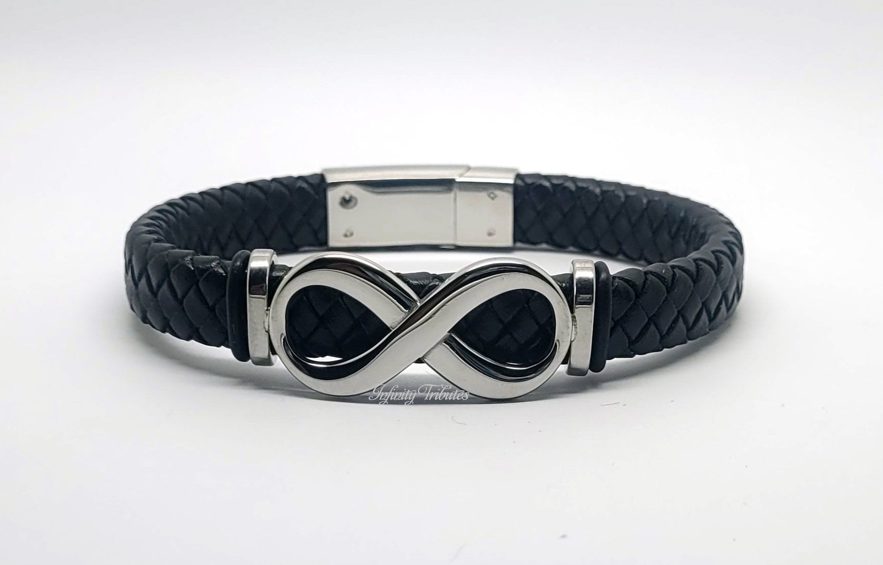 Infinity Braided Black Leather Cremation Urn Ashes Bracelet