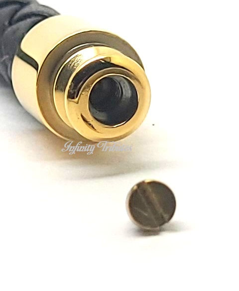 Thumbnail: 24k Gold Plated Braided Black Leather Cremation Urn Ashes Bracelet