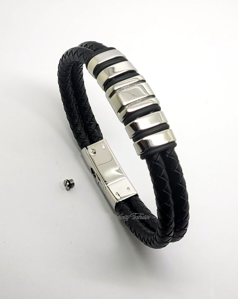 Thumbnail: Braided Black Leather Cremation Urn Ashes Bracelet 5 Ring