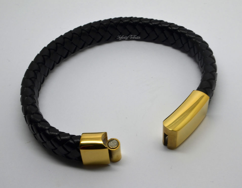 Thumbnail: 24k Gold Plated Braided Black Leather Cremation Urn Ashes Bracelet