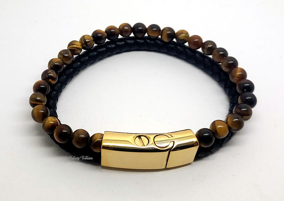 Thumbnail: 24k Gold Plated Braided Black Leather & Tigers Eye Beaded Cremation Urn Bracelet
