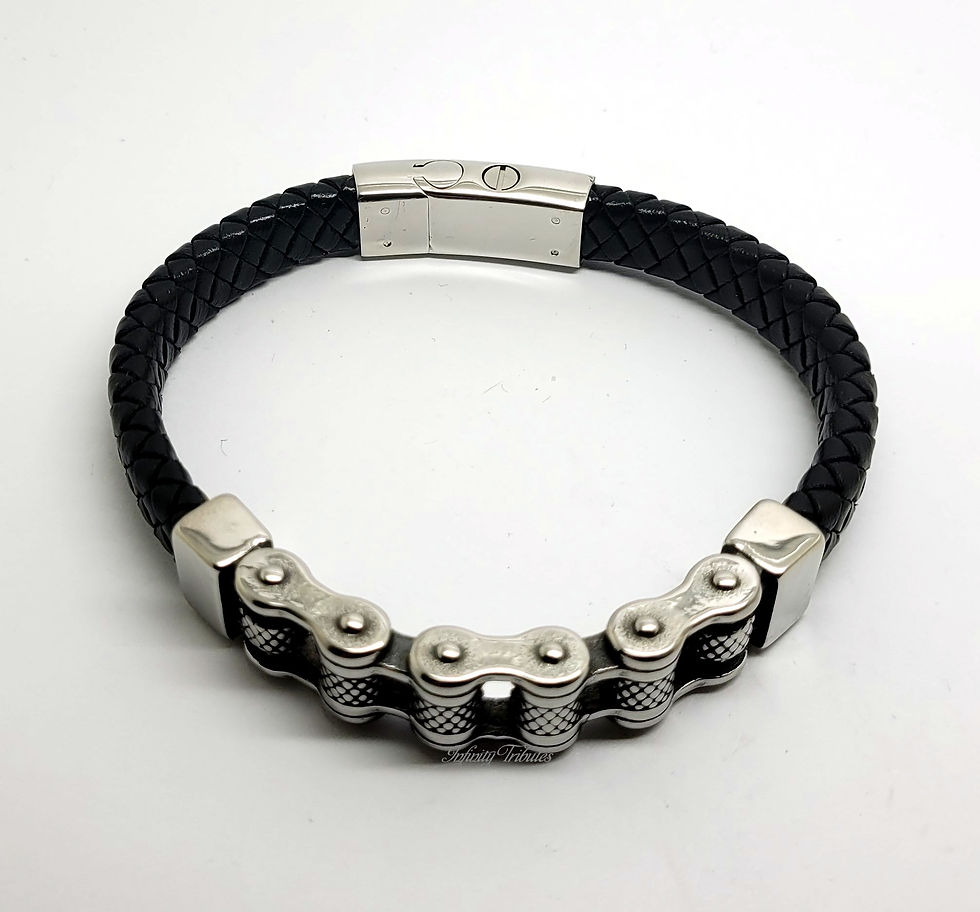 Thumbnail: Motorcycle Chain Braided Black Leather Cremation Urn Ashes Bracelet Bike Biker