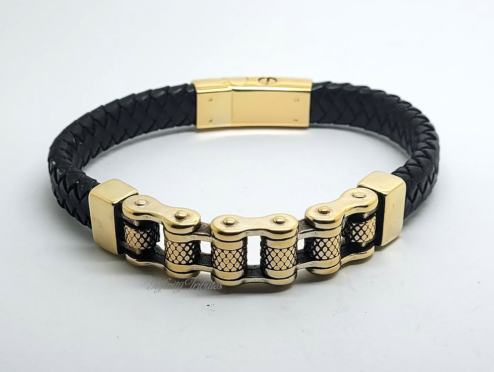 Thumbnail: Motorcycle Chain 24k Gold Plated Braided Leather Cremation Urn Ashes Bracelet